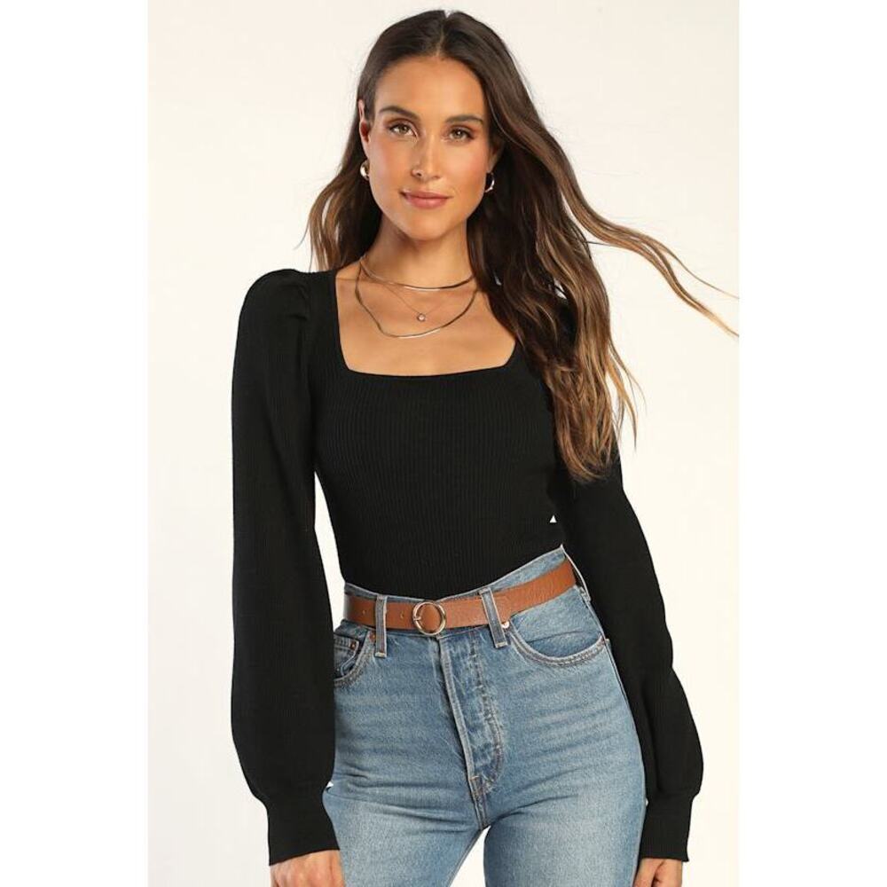 Lulus Trendy Classic Black Ribbed Knit Balloon Sleeve Top - Size S